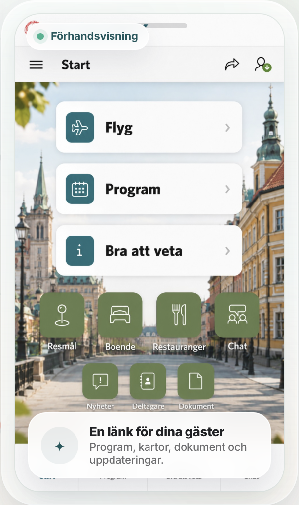Förhandsvisning av Blieasys mobilguide med flyg, program, boende, restauranger och dokument.